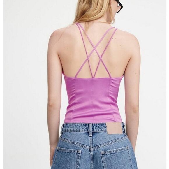 Zara Satin Corset Bodysuit Size Medium Pink Purple Silky Strappy Balletcore - Picture 2 of 11